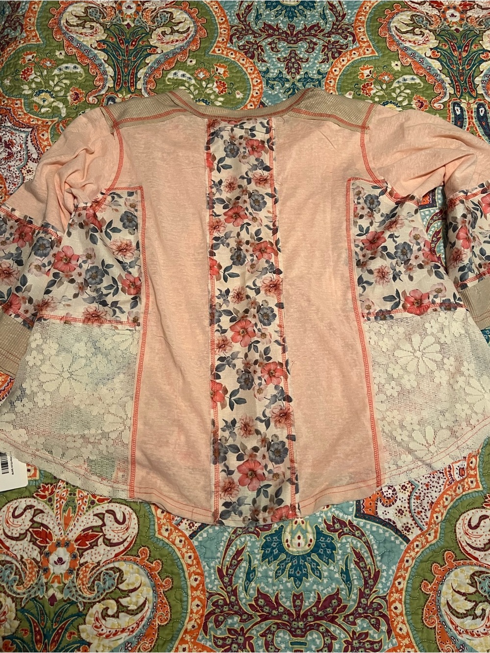 POL Patchwork V-Neck Top - Peach - Picture 3 of 3
